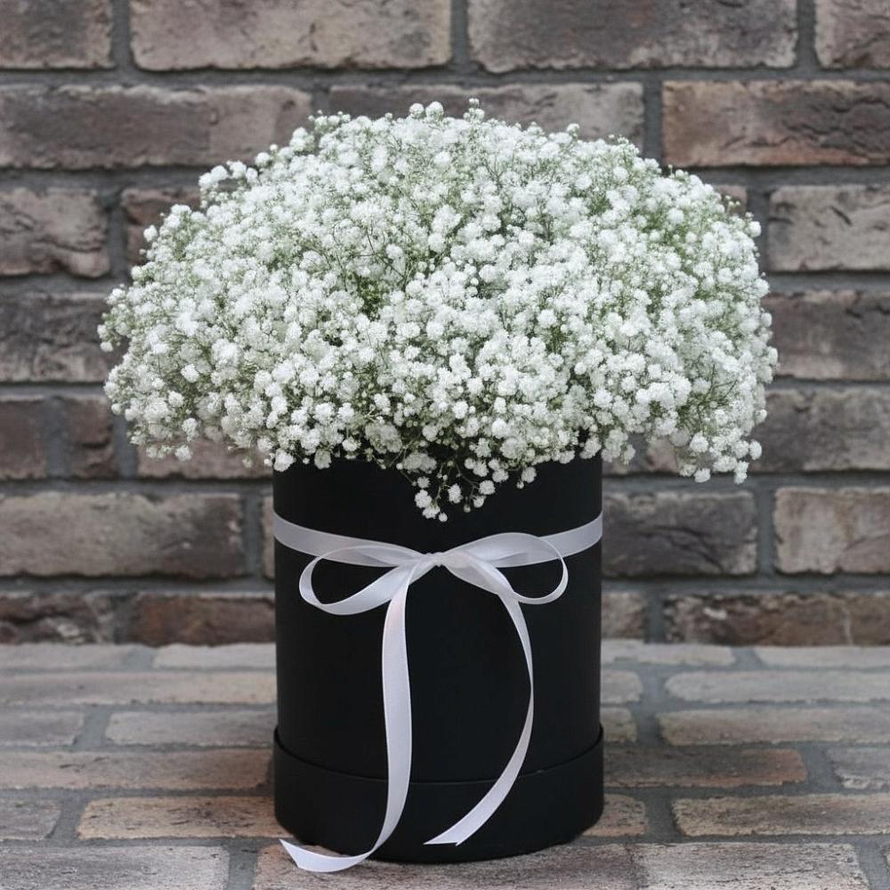 Цветочная композиция из Гипсофила в шляпной коробке в Троицко-Печорске