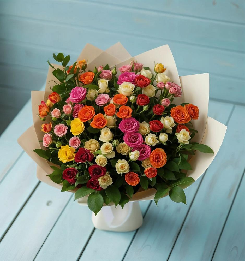 Букет Микс из разноцветных кустовых роз в Троицко-Печорске